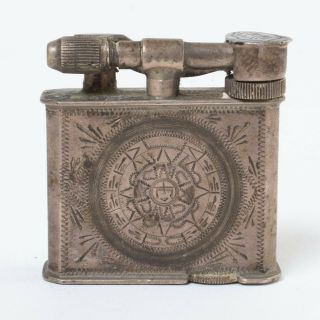 Vintage Ormex Mexico Sterling Silver Lift Arm Table Lighter Aztec Calendar 1.  5 "