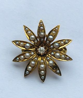 Sweet 14k Victorian Seed Pearl Starburst Brooch/ Pendant Set W/diamond 3.  8 Gr