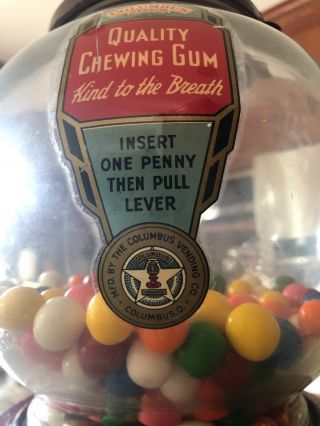 Unique,  Vintage Columbus Vending Company Gum Ball Machine Penny Coin Operated 2