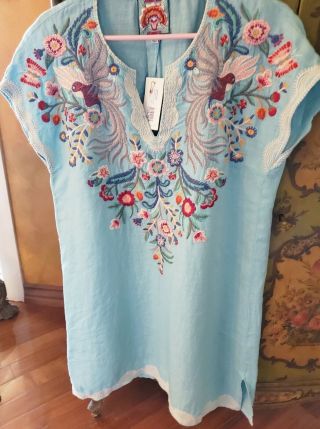 Nwt Johnny Was Bisous Long Linen Embroidered Tunic Blue Size M