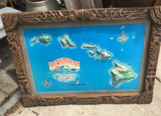 Vintage United Airlines Hawaii 3d Relief Map W/ Tiki Frame.