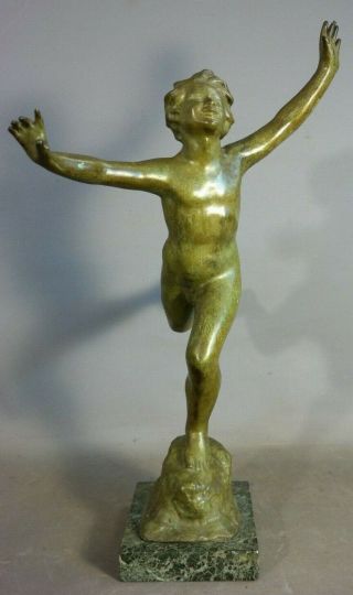 Lg Antique Art Deco Era Bronze Running Nude Man Boy Sculpture Old Parlor Statue