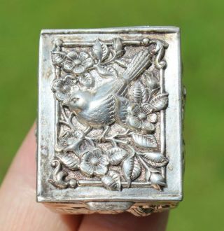 Solid Silver Pill Box With Bird And Flowers (r3065a)