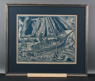 Authentic Don Gorvett 1/50 Wood - Cut Block Print,  Mackerel Fishing Great Lakes