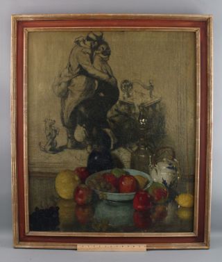 Large Antique Raymond Neilson American Stillife Oil Painting Fruit & Figures