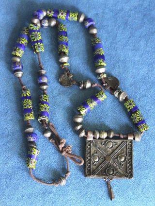 Antique Venetian Millefiori Glass African Bedouin Prayer Box Trade Bead Necklace