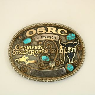 Rodeo Trophy Belt Buckle Champion Steer Roper 1997 Osrc Yellowhair Turquoise Vtg
