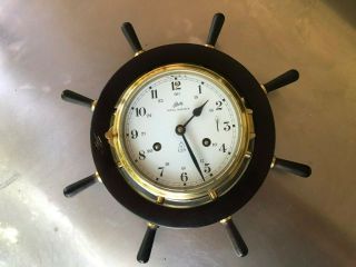 Vintage Schatz Royal Mariner 8 Day Ship Bell Brass Wall Clock Wood Wheel Germany 2
