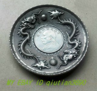 Chinea Folk Old Carved Tibetan Silver Plate Ssangyong Yuan Shikai Ornaments A20