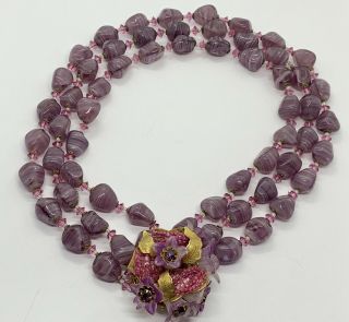 Stunning Vintage Signed Miriam Haskell Triple Strand Purple Glass Necklace