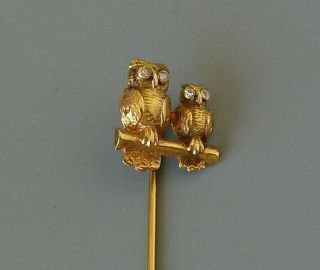 Vintage 14k Yellow Gold Two Owls Stick Pin With Cz Eyes