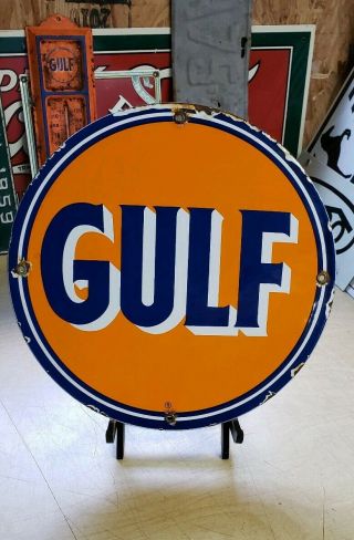 Gulf Gasoline Porcelain Sign Gas Pump Plate Vintage Brand Motor Oil Co.