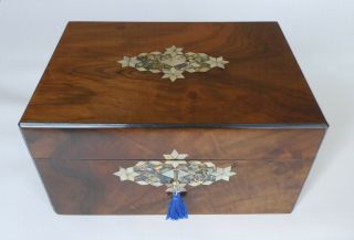 Large Antique Figured Walnut,  Mother Of Pearl & Abalone Jewellery Box