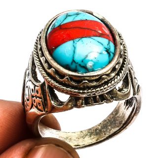 Red Blue Turquoise Ring 925 Sterling Silver Ethnic Jewelry Sz10.  75