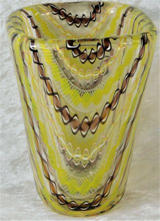 Vtg Mid Century A.  V.  E.  M.  Murano Yellow Ribbon Latticino Glass Paperweight Vase