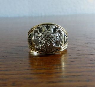 Vintage 10k Gold Masonic 32 Degree Double Eagle Ring - Size 10.  5 8.  3grams