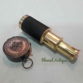 Set Of 2 Antique Brass Telescope With Copper Lid Compass Collectible Gift