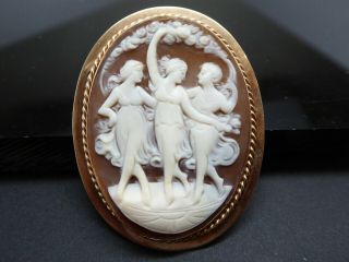 Vintage 10kt Yellow Gold Art Nouveau Three Graces Carved Shell Cameo Brooch