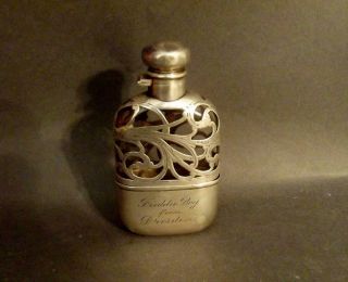 Antique Sterling Silver Overlay Glass Bottle Flask