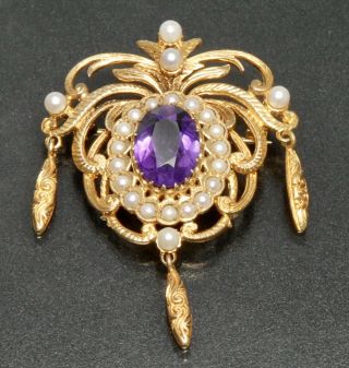 9ct Gold Amethyst And Cultured Pearl Brooch 12.  8g