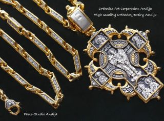 Large Russian Greek Orthodox Body Cross Silver 925 Gold.  999 Rare Chain Set