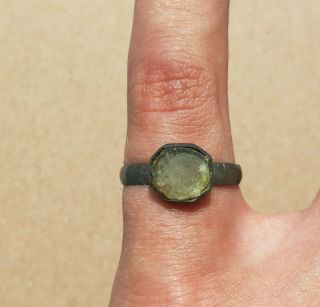 Rare Ancient Viking Old Bronze Ring With Clear Glass 5