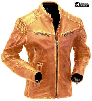 Mens Light Brown Vintage Biker Style Cafe Racer Distressed Real Leather Jacket