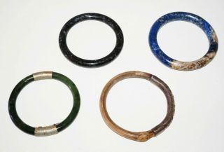 4x Vintage Chinese Bangle Bracelets,  Lapis,  Bamboo & Silver,  Green & Black 3