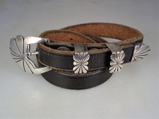 Vintage Dan Oliver Navajo Sterling Silver Ranger Belt Buckle Set W/ Orig Leather