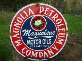 Old Vintage 1930 Magnolia Motor Oils Porcelain Enamel Gas Pump Sign Motor Oil