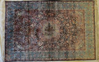 Vintage Kashmiri Pure Silk Hand Knotted Rug,  Apx.  4 