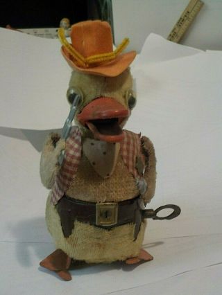 Vintage Tin Wind Up Toy Duck,  Cowboy Sheriff W/ Hat,  Badge,  Googly Eyes Japan