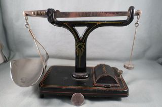 Rare Small Fairbanks Scale,  Weights In Cast Iron Base,  7 " X3 - 7/8 ",  Gold?,  Apothecary?