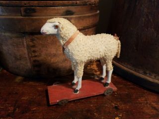 Antique Vintage Putz Sheep Pull Toy Wooly German Sheep Christmas Primitive Aafa