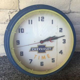 Vtg Old 40s - 50s Chevrolet Time Dealership Dealer Gas Oil 20 " Neon Lighted Clock