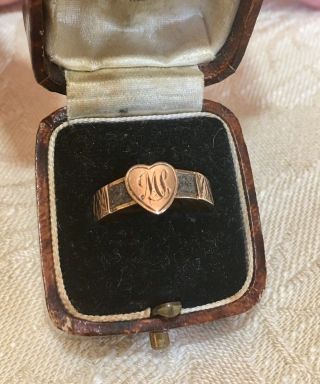 Antique Victorian 9k Gold Mourning Ring,  Engraved Heart,  Hairwork