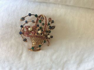 Large Vintage Brooch Made Of Yellow Gold,  Emeralds Ruby’s Sapphire & Pearls