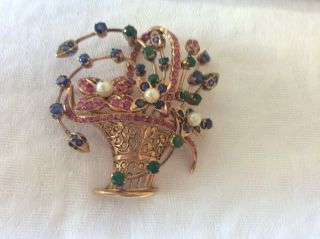 Large Vintage Brooch made of Yellow Gold,  Emeralds Ruby’s Sapphire & Pearls 3