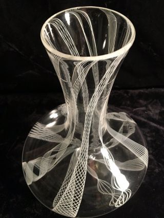 Vintage MCM 1960s Latticino 9 - 3/4” Murano Glass Vase Carafe White Signed Frost? 7