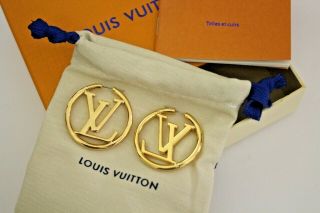 Louis Vuitton Paris Nwot Rare Gold Logo Lv Hoop Earrings Nib