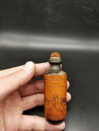 Old Antique Red Sandalwood Bone Meal Snuff Bottle Rohan Figure Statue Collect