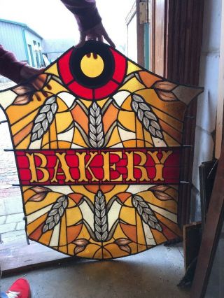 Antique Stainglass Bakery Sign Window Painted And Fired 41 1/2 X 35