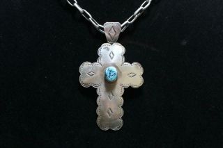Vintage Navajo Sterling Silver Turquoise Cross Pendant Necklace