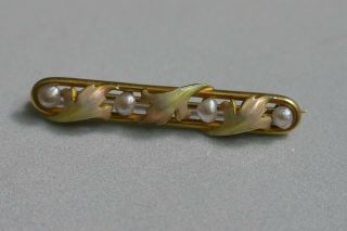 Victorian 14k Enameled Leaf Bar Pin / Brooch - With Seed Pearls