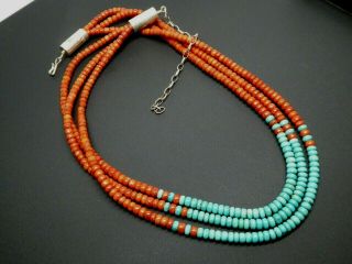 Vintage Navajo Signed Blue Turquoise Red Coral Sterling Three Strand Necklace