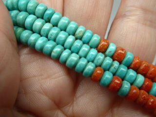 Vintage Navajo Signed Blue Turquoise Red Coral Sterling Three Strand Necklace 2