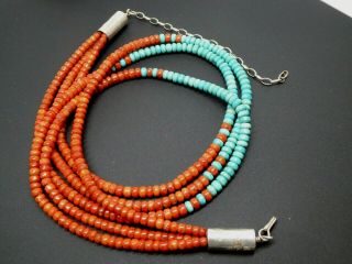 Vintage Navajo Signed Blue Turquoise Red Coral Sterling Three Strand Necklace 3
