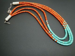 Vintage Navajo Signed Blue Turquoise Red Coral Sterling Three Strand Necklace 7