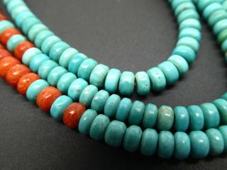 Vintage Navajo Signed Blue Turquoise Red Coral Sterling Three Strand Necklace 8