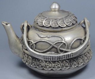 Collectable Royal Delicate Old Miao Silver Carve C0ins Toad Lid Wealthy Tea Pot